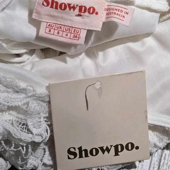 NWT Showpo Mini Lace Trim Open Tie Back White Dress Size 4 US Lace Long Sleeve - Picture 6 of 6
